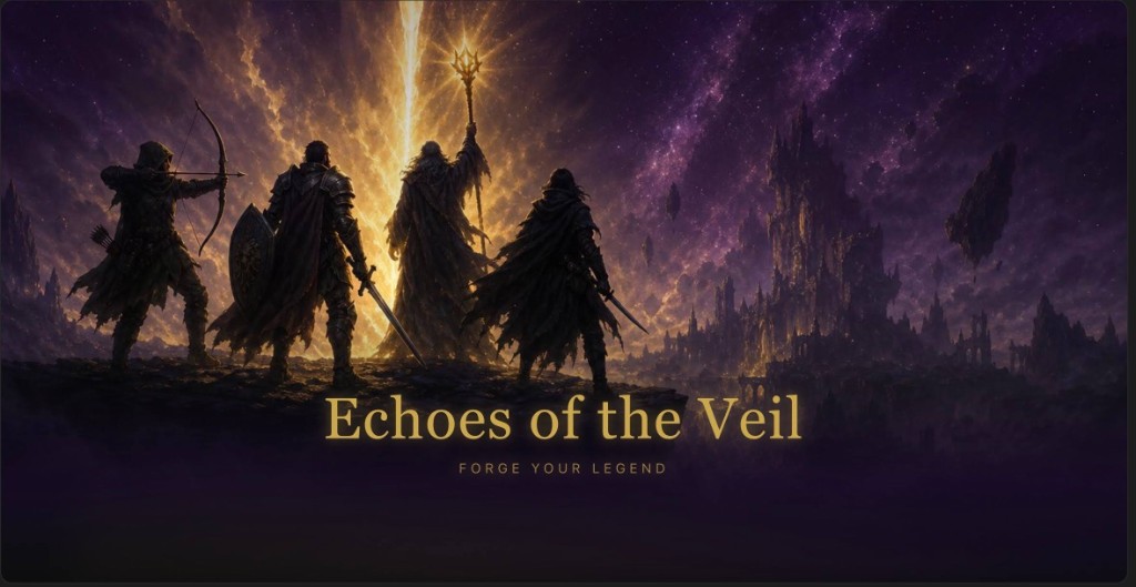 Four adventurers stand before a gothic castle under a purple sky as golden light splits the clouds. Title text reads Echoes of the Veil — Forge Your Legend.